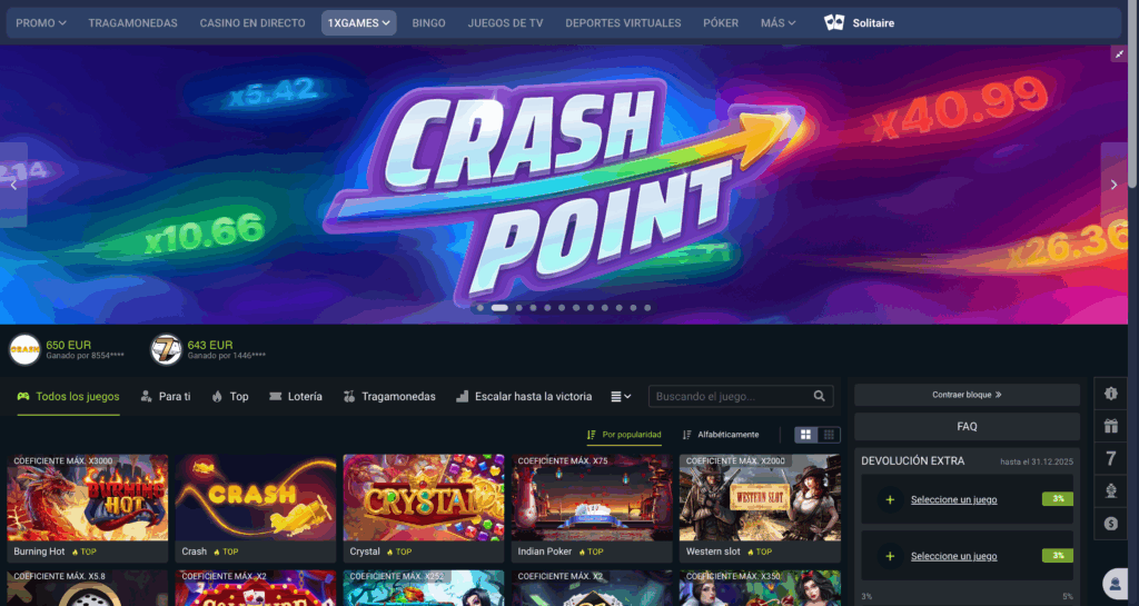 Crash Point en 1xCasino Argentina con multiplicadores y premios en juegos rápidos