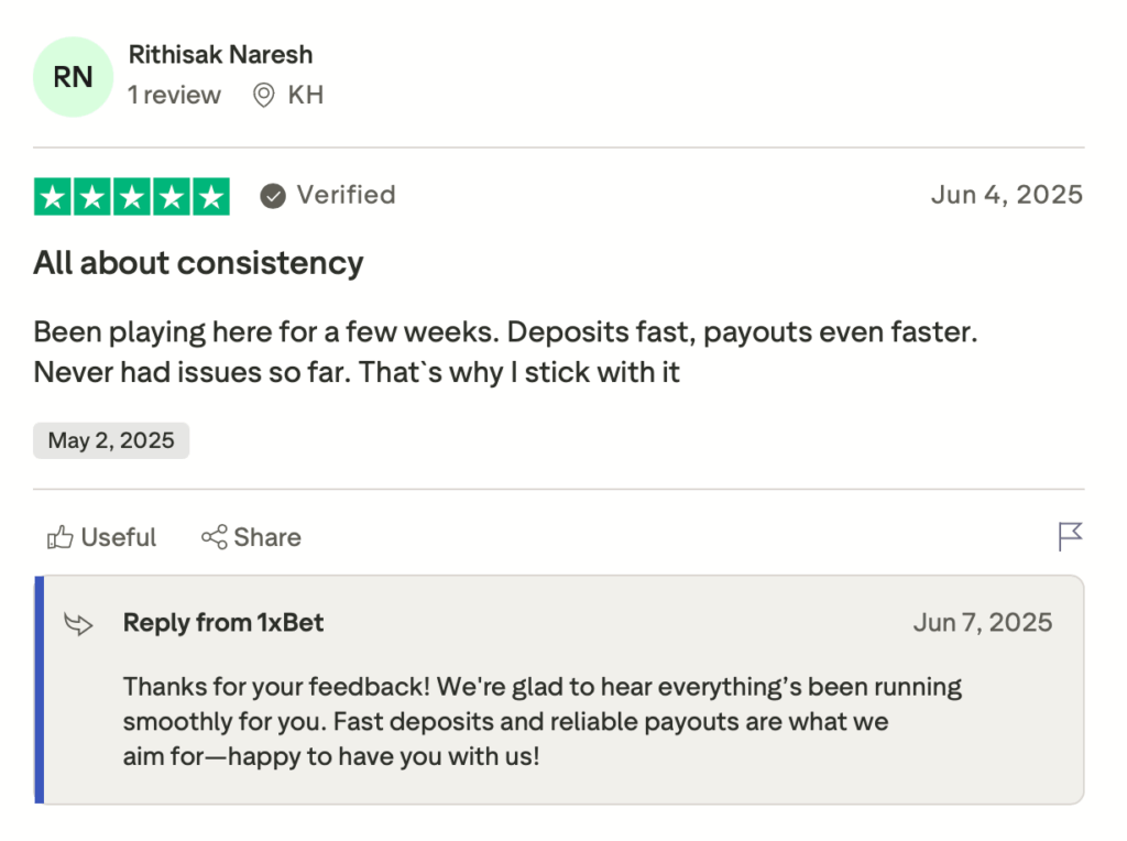 Reseña de Rithisak Naresh sobre pagos rápidos y consistencia en 1xCasino