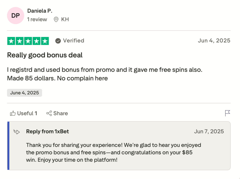 Opinión de usuario Daniela P sobre bono en 1xCasino con giros gratis y ganancias de 85 dólares
