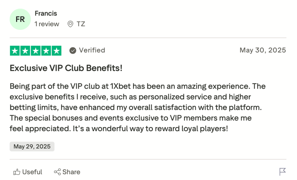 Opinión de Francis sobre beneficios del Club VIP en 1xCasino y servicio personalizado